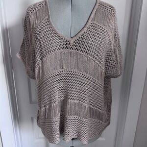 bebe Metallic Taupe Open-Knit V-Neck Top
